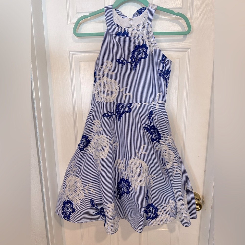 VGUC Rare Editions Halter Blue & White Stripe w/ Embroidered Flowers Dress Sz14